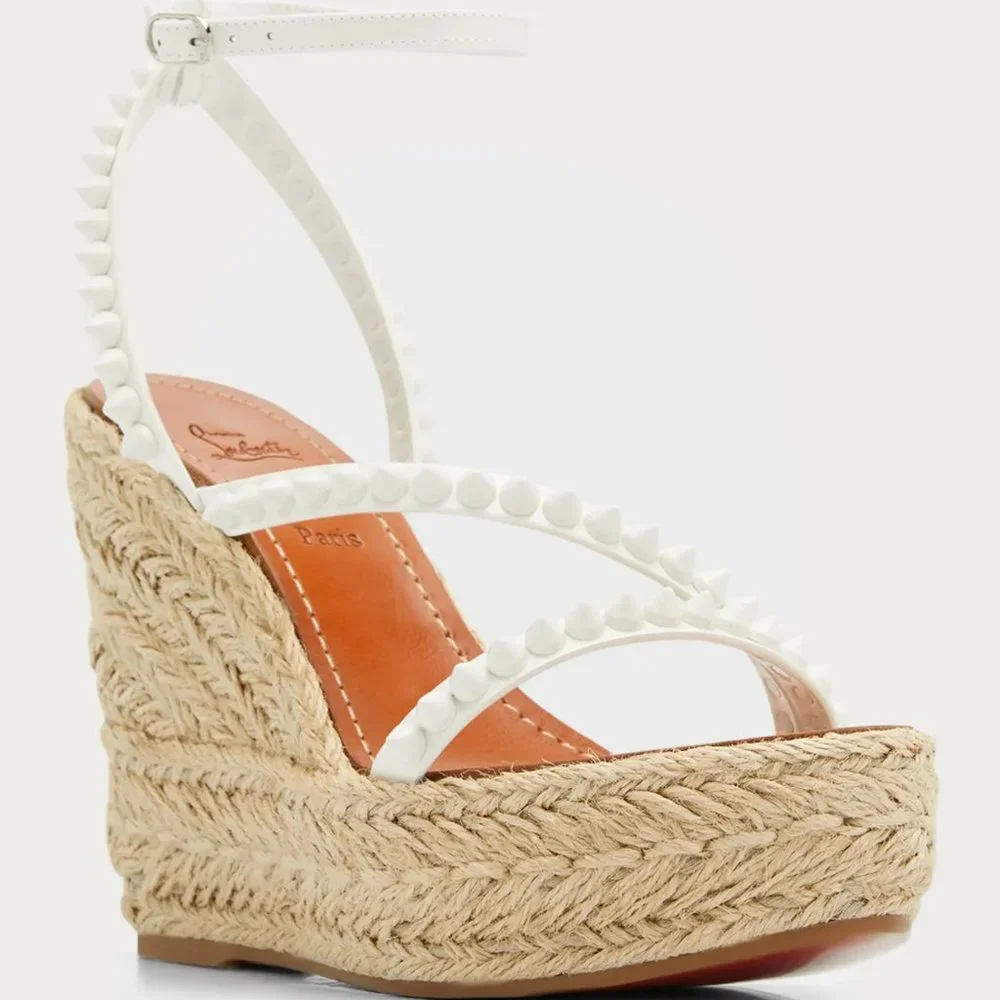 Christian Louboutin White Studded Espadrille Wedge Sandals
